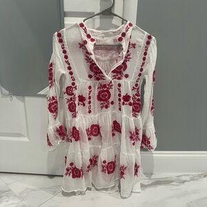 Embroidered Floral White and Red Women's Top